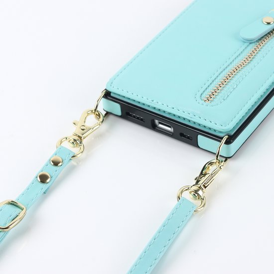 Apple iPhone 14 Case - Turquoise - Luxury Back Cover with Phone Strap and Zipper