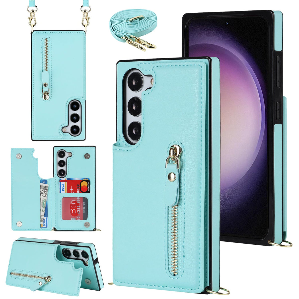 Coque Samsung Galaxy S23 - Turquoise - Étui arrière luxueux avec cordon de téléphone et fermeture éclair