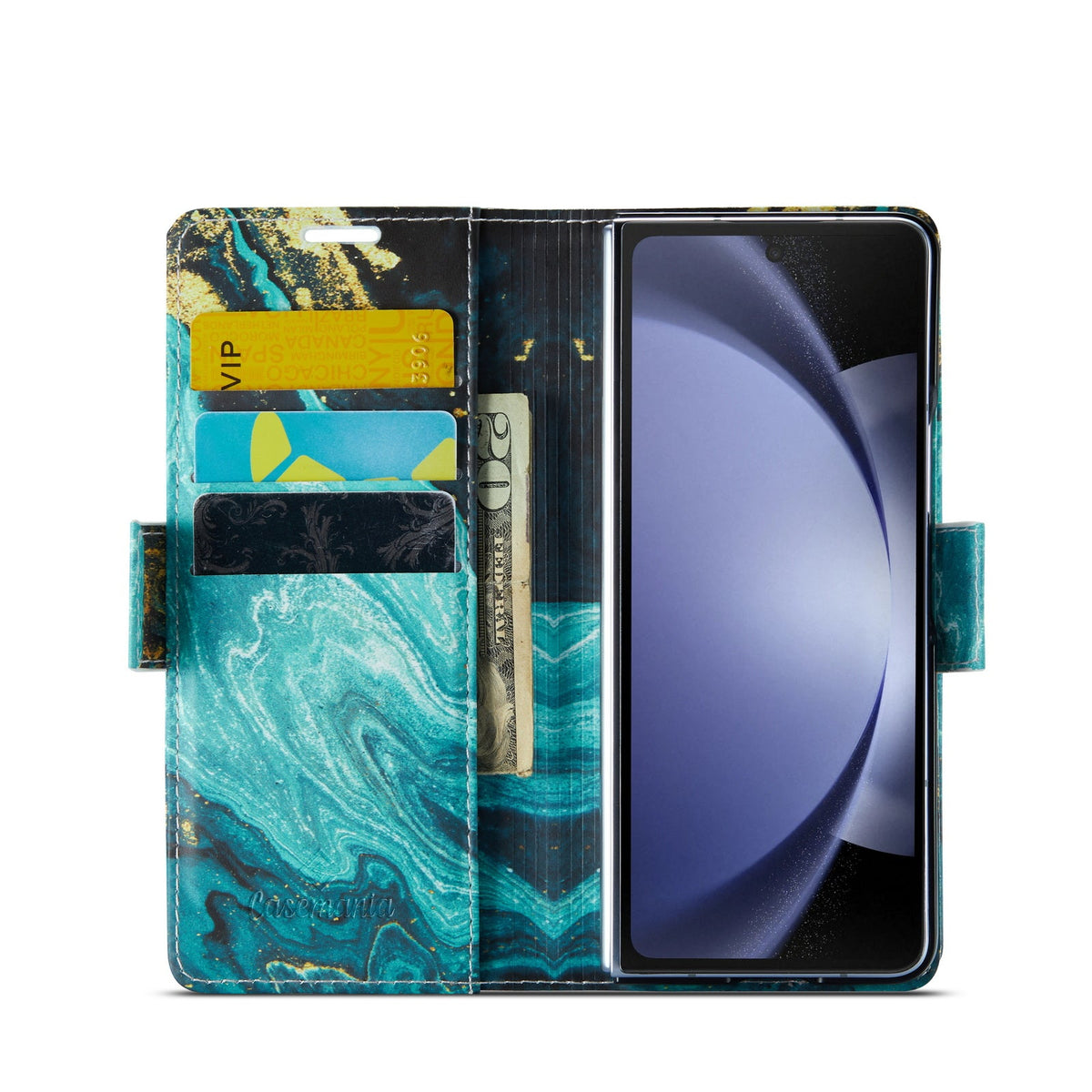 Samsung Galaxy Z Fold 5 Hoesje - Blue Aquamarine - Marmer Portemonnee Bookcase