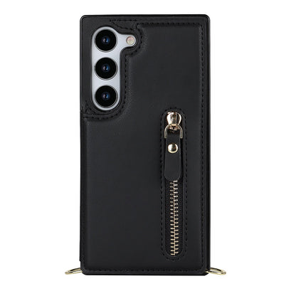 Samsung Galaxy S24 Case - Black - Luxury Back Cover with Phone Strap and Zipper