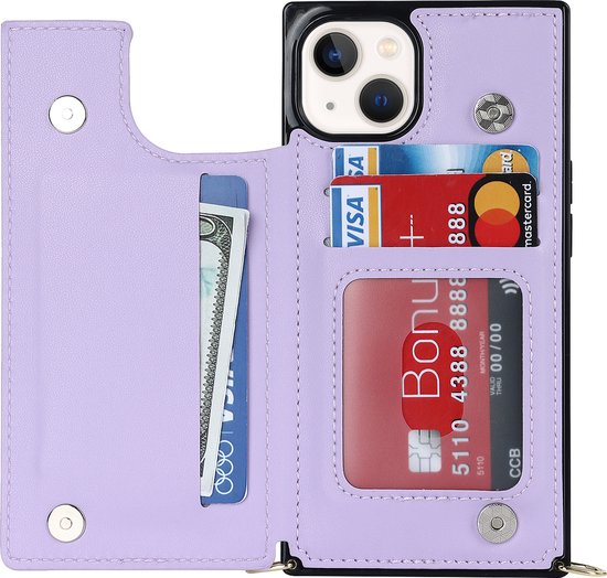 Apple iPhone 15 Plus Hülle - Lila - Luxuriöses Back Cover mit Handyband und Reißverschluss