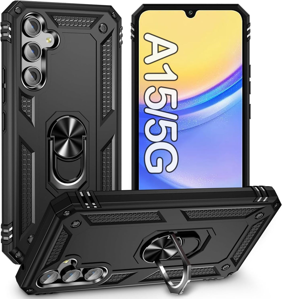 Samsung Galaxy A15 Hoesje - Zwart - Hybride Armor Kickstand Back Cover met Magneetring