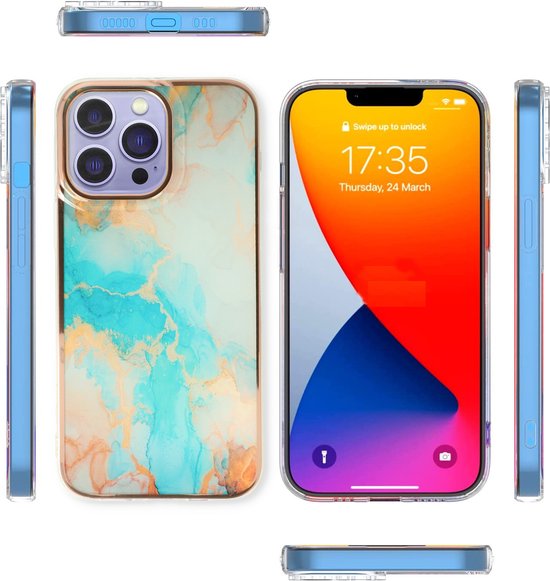 Apple iPhone 13 Pro Max Hoesje - Aqua - Siliconen Marmer Back Cover