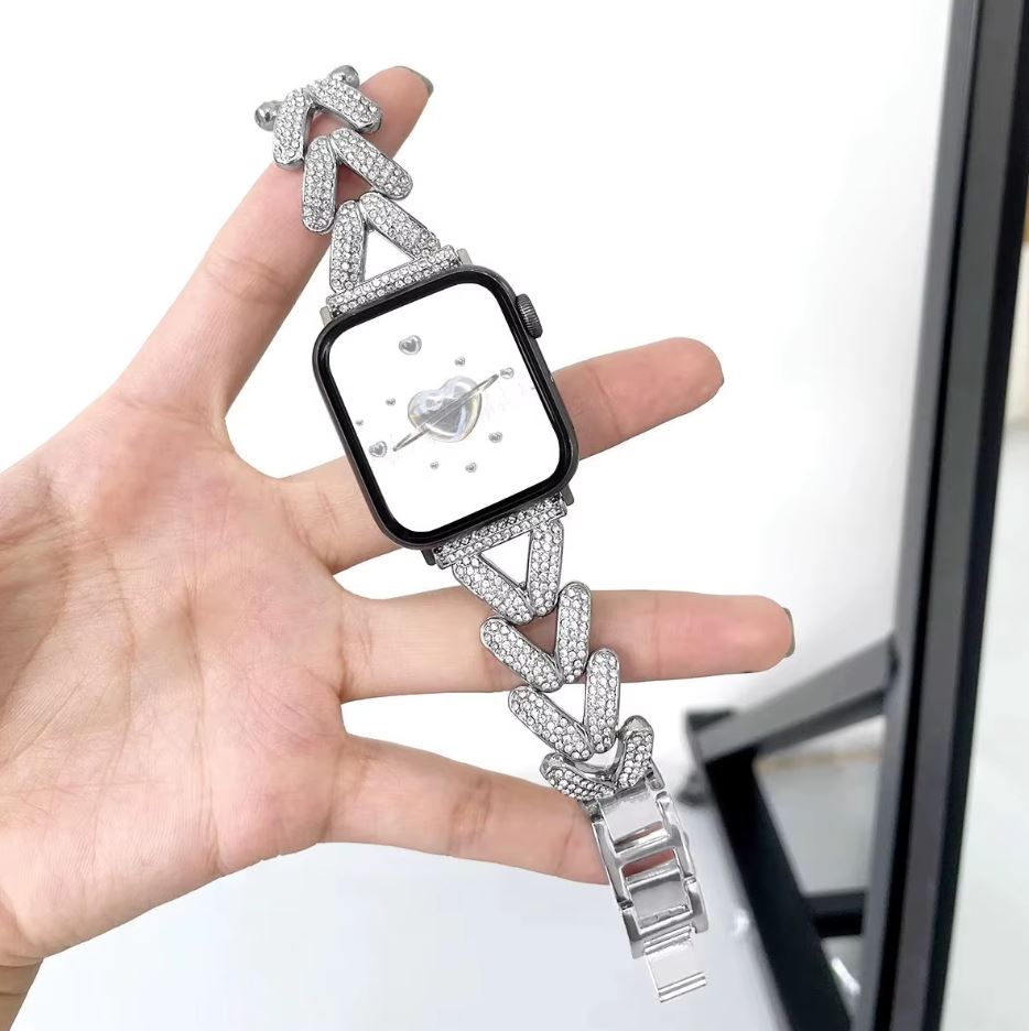 Apple Watch Bandje 38/40/41/42 mm - Metaal Schakelbandje met Kristallen - Zwart
