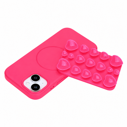Apple iPhone 14 Hoesje - Neon Roze - Siliconen Back Cover met Afneembare Hartjes Zuignappen