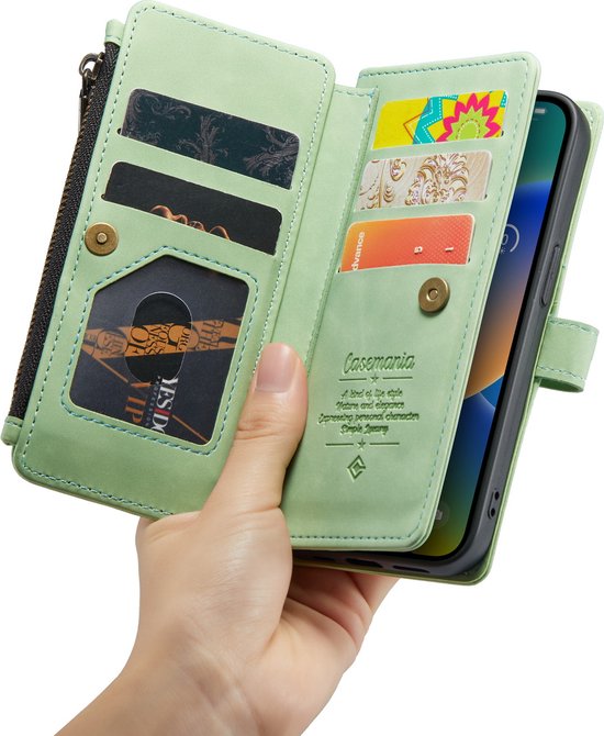 Étui pour Apple iPhone 14 Plus - Vert Pistache - Étui portefeuille de luxe avec fermeture éclair et cordon de téléphone