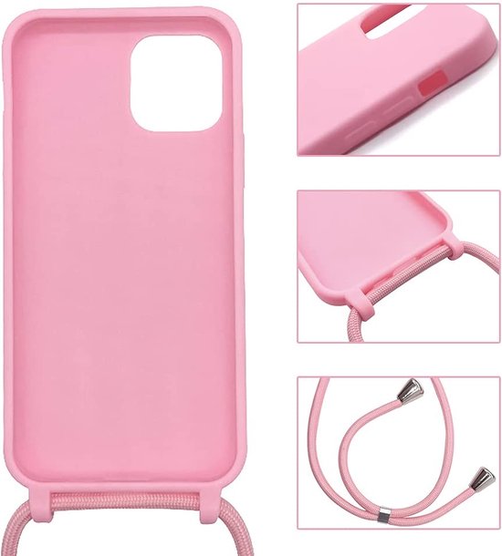 Apple iPhone 13 Pro Hoesje - Roze - Siliconen MagSafe Back Cover met Telefoonkoord