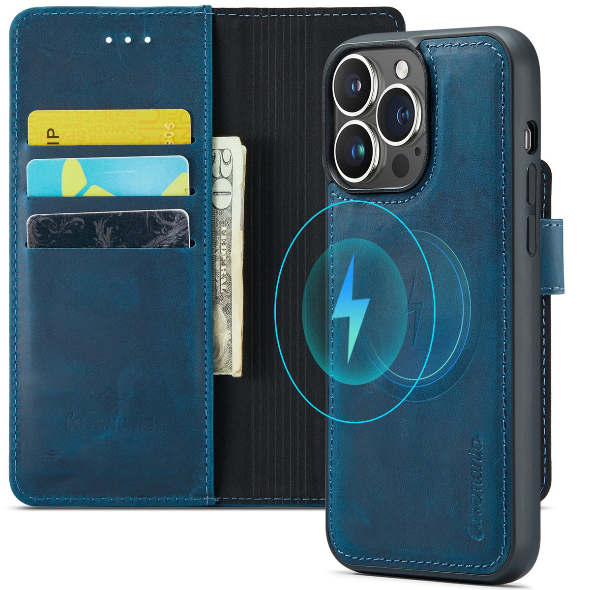 Apple iPhone 15 Pro Max Case - Navy Blue - Genuine Leather 2-in-1 MagSafe Wallet Case