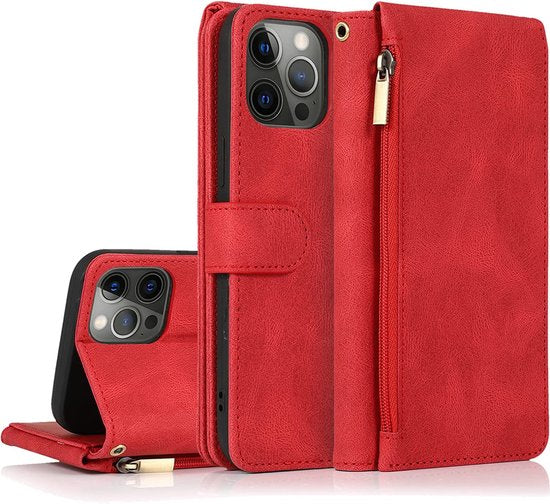 Apple iPhone 13 Pro Max Hoesje - Rood - Extra Stevige Luxe Bookcase met Rits en Vakken