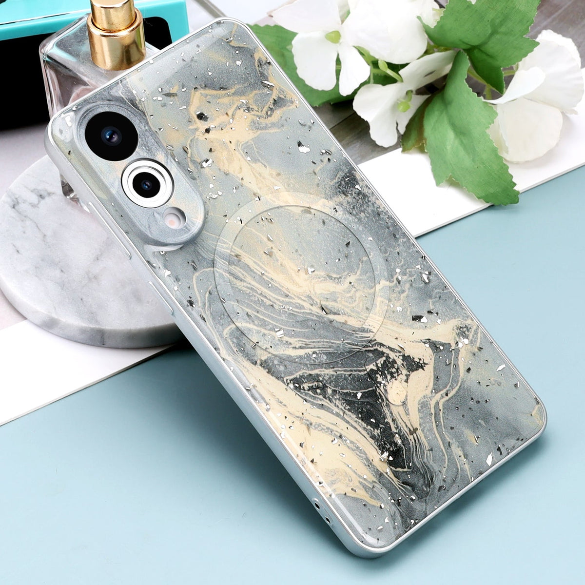 Samsung Galaxy S25 Edge Hoesje - Grijs - Marmer Glitter MagSafe Back Cover