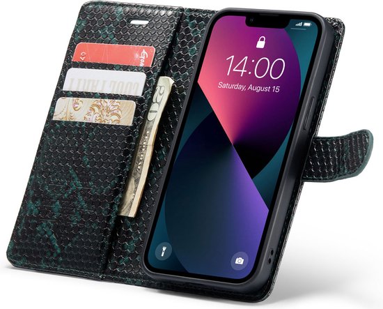Apple iPhone 13 Hoesje - Groen - Luxe Slangen Bookcase