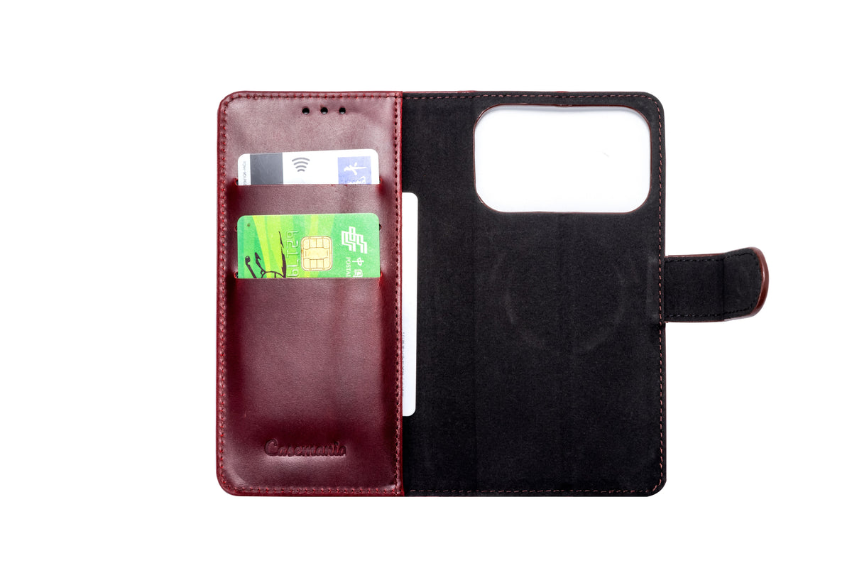 Apple iPhone 17 Pro Max Hülle - Burgundy Red - Echtleder MagSafe Klapphülle mit Kartenfach
