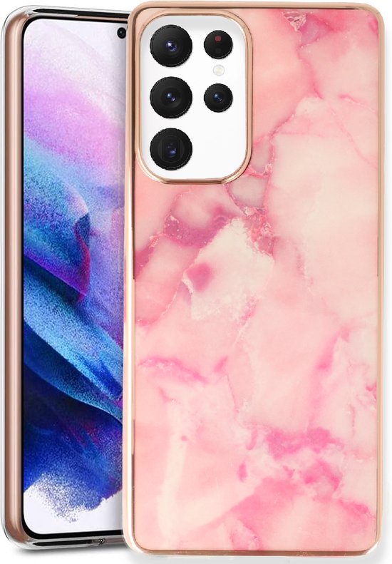 Samsung Galaxy S24 Ultra Hoesje - Roze - Siliconen Marmer Back Cover