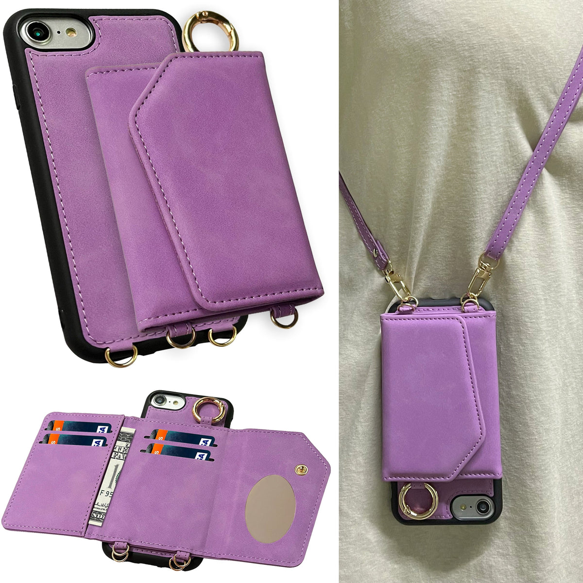 Apple iPhone 7 Case - Bright Lila - Back Cover with Mirror, Sliding Card Holder and Phone Strap