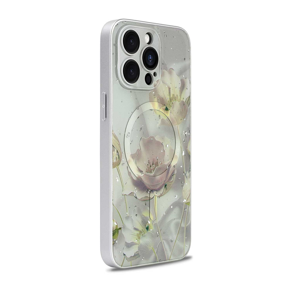 Apple iPhone 15 Pro Hoesje - Grijs - Bloemen Glitter MagSafe Back Cover