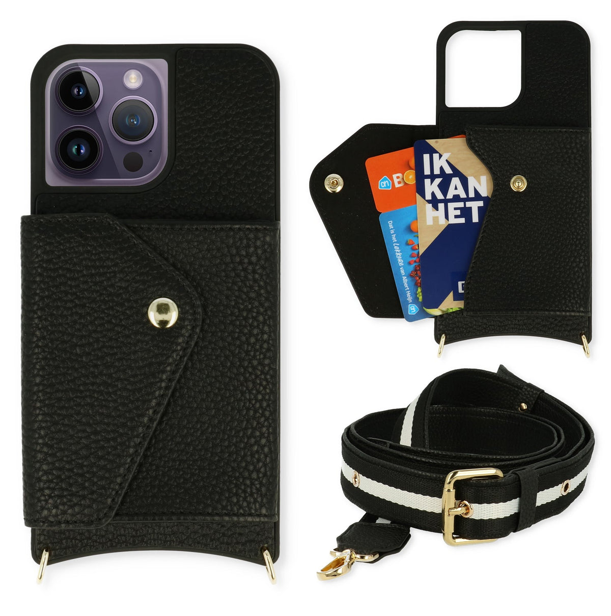 Apple iPhone 14 Pro Hoesje - Zwart - Luxe Back Cover met Telefoonkoord