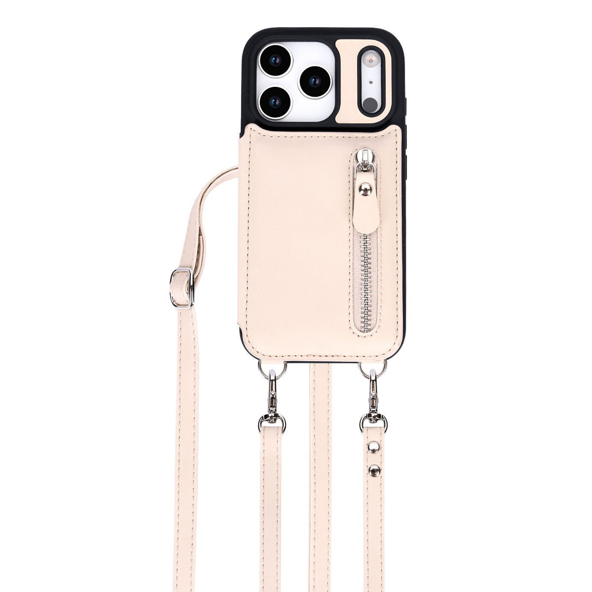 Apple iPhone 18 Pro Max Hoesje - Beige - Luxe Back Cover met Telefoonkoord en Rits