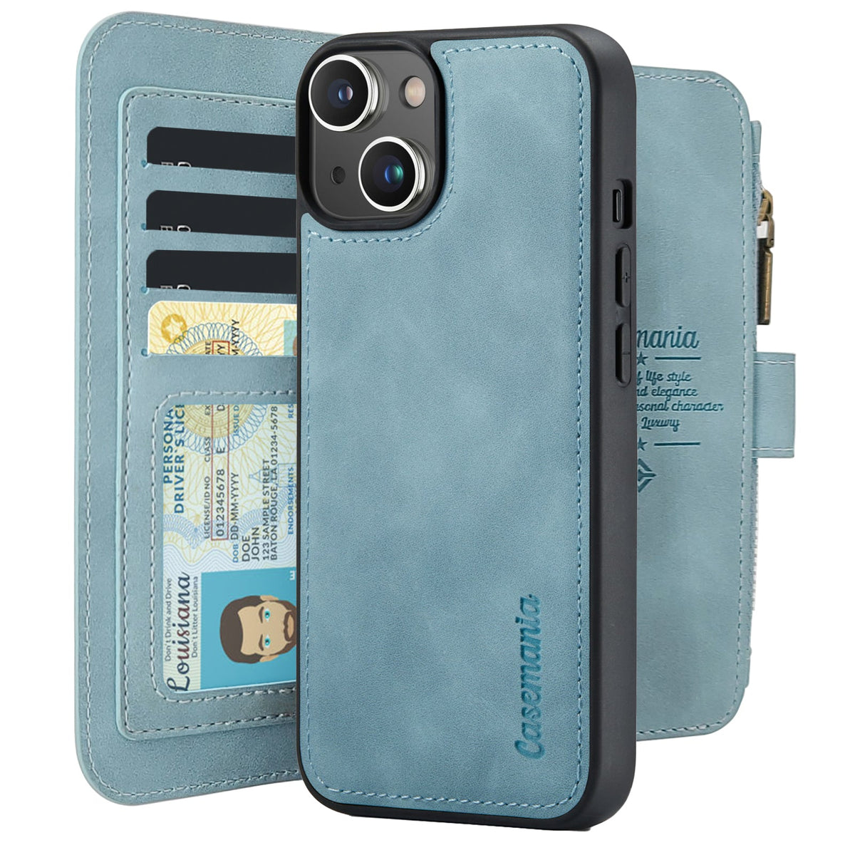 Apple iPhone 15 Plus Hülle - Aqua Blue - 2-in-1 Klapphülle mit Reißverschluss