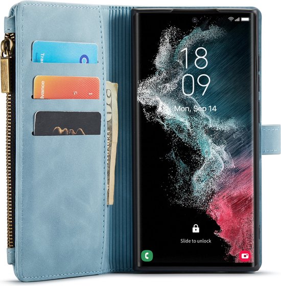 Samsung Galaxy S23 Ultra Hoesje - Aqua Blue - Luxe Bookcase met Rits