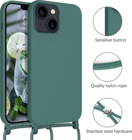 iPhone 14 Pro Max Hoesje - Groen - Siliconen Back Cover met Telefoonkoord