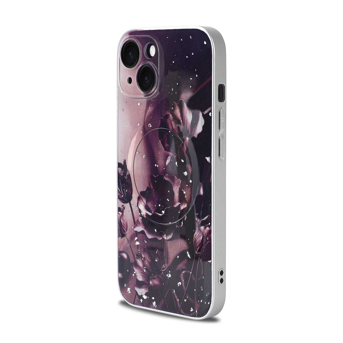 Apple iPhone 13 Hülle - Dunkellila - Blumen-Glitzer-MagSafe-Backcover