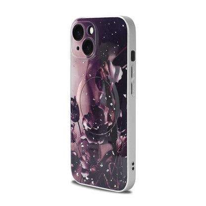 Apple iPhone 15 Hoesje - Donker Paars - Bloemen Glitter MagSafe Back Cover