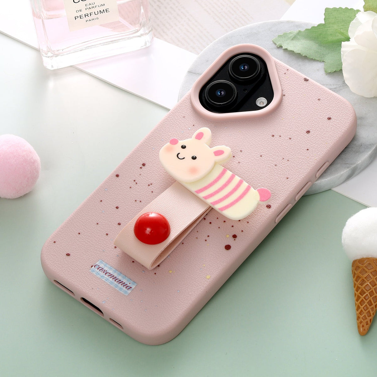 Apple iPhone 16 Hülle - Rosa Hase - Silikon Backcover mit Fingerhalter
