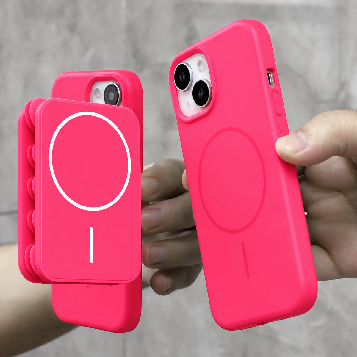 Apple iPhone 13 Hoesje - Neon Roze - Siliconen Back Cover met Afneembare Hartjes Zuignappen
