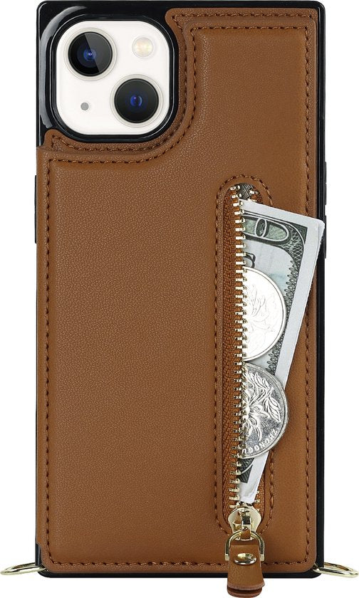 Apple iPhone 15 Hoesje - Bruin - Luxe Back Cover met Telefoonkoord en Rits