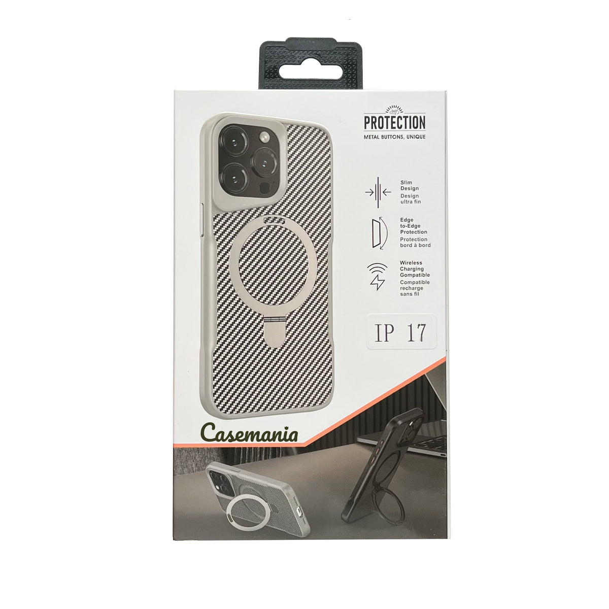 Apple iPhone 18 Pro Hoesje - Zilver - Carbon MagSafe Back Cover met Ringstand