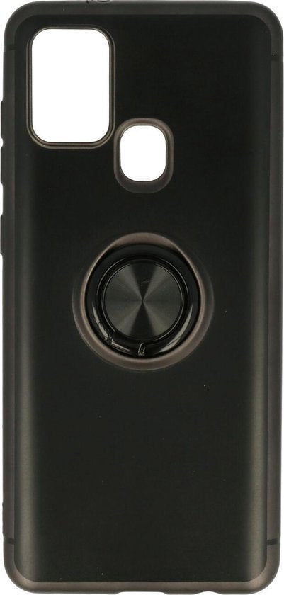 Samsung Galaxy A21s Hoesje - Zwart - Siliconen Ring Kickstand Back Cover