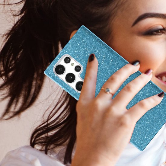 Samsung Galaxy S23 Ultra Hoesje - Blauw - Glitter Back Cover