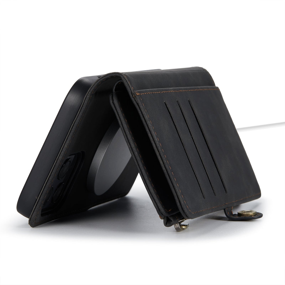 Apple iPhone 15 Pro Max Hoesje - Charcoal Gray - Luxe MagSafe Bookcase met Rits en Telefoonkoord