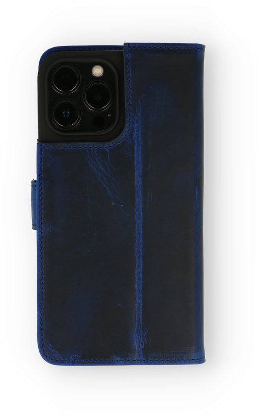 Apple iPhone 13 Pro Max Hülle - Blau - Echtleder-Klapphülle mit Kartenfach