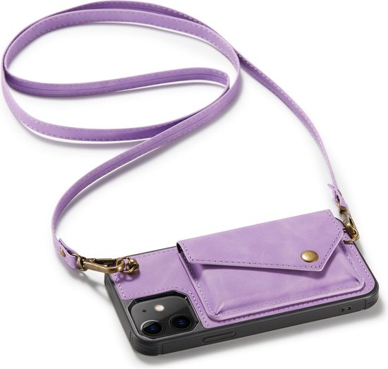 Apple iPhone 12 Hoesje - Paars - Luxe Back Cover met Telefoonkoord
