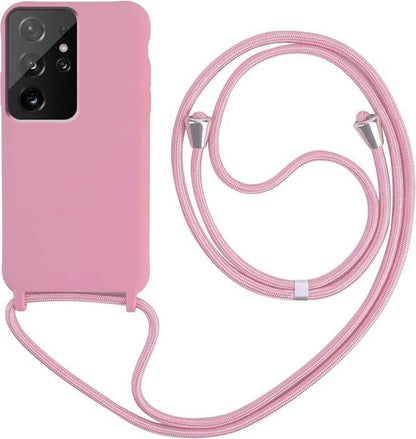 Samsung Galaxy S21 Ultra Case - Pink - Silicone Back Cover with Phone Strap