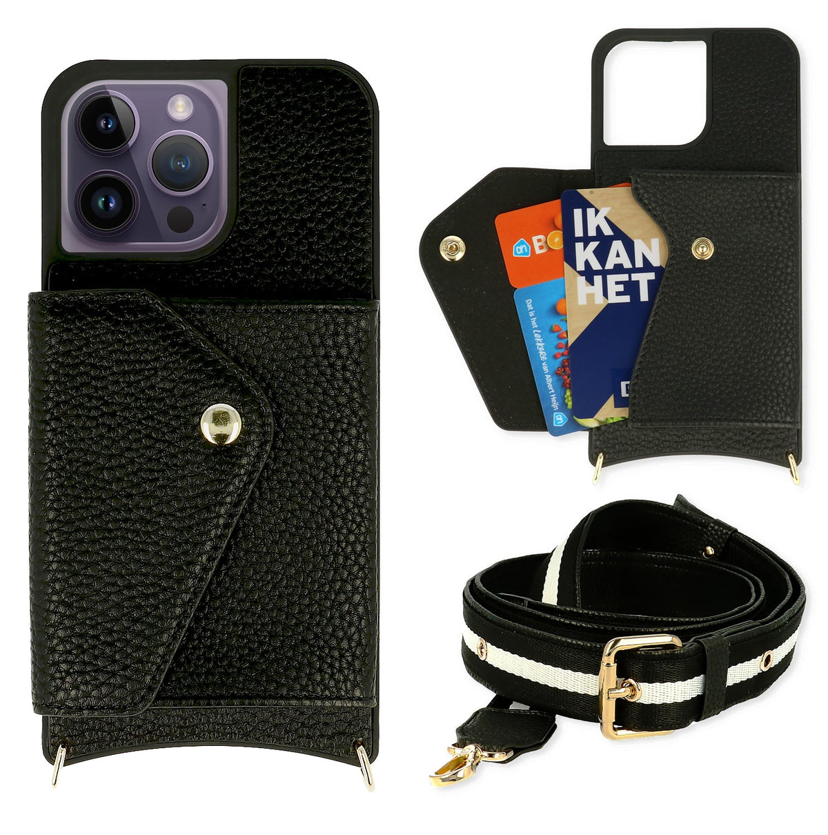 Apple iPhone 13 Pro Max Hülle - Schwarz - Verstellbare Luxus-Backcover mit Reißverschluss und dicker Handykette