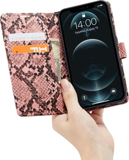 Apple iPhone 12 Hülle - Rosa - Schlangenprint Klapphülle