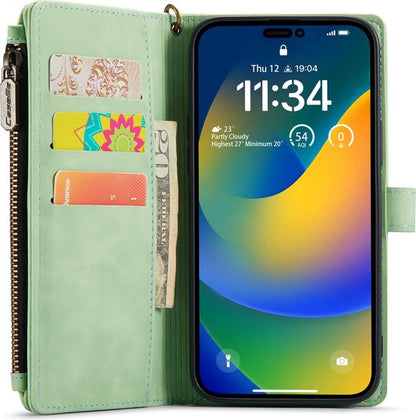 Apple iPhone 14 Pro Case - Pistache Green - Luxury Wallet Case with Zipper and Phone Strap