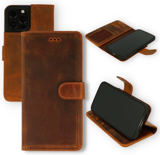 Étui en cuir véritable pour iPhone 13 Pro - Marron - Étui portefeuille en cuir véritable