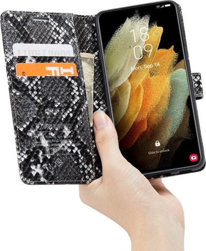 Samsung Galaxy S21 FE Hoesje - Zwart - Luxe Slangen Bookcase