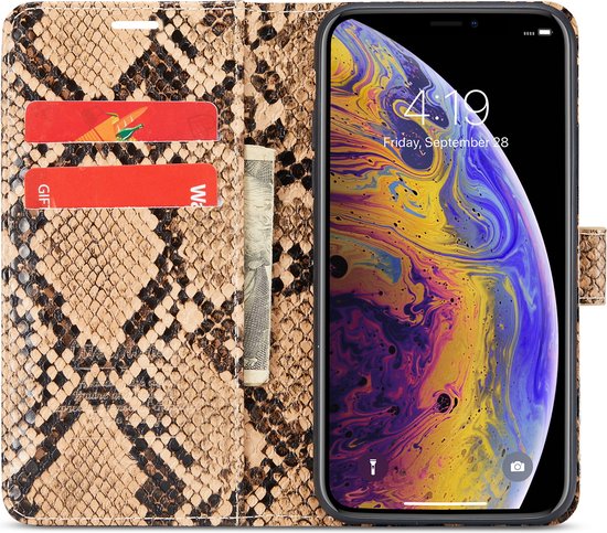 iPhone X / XS Hoesje - Beige - Luxe Slangen Bookcase