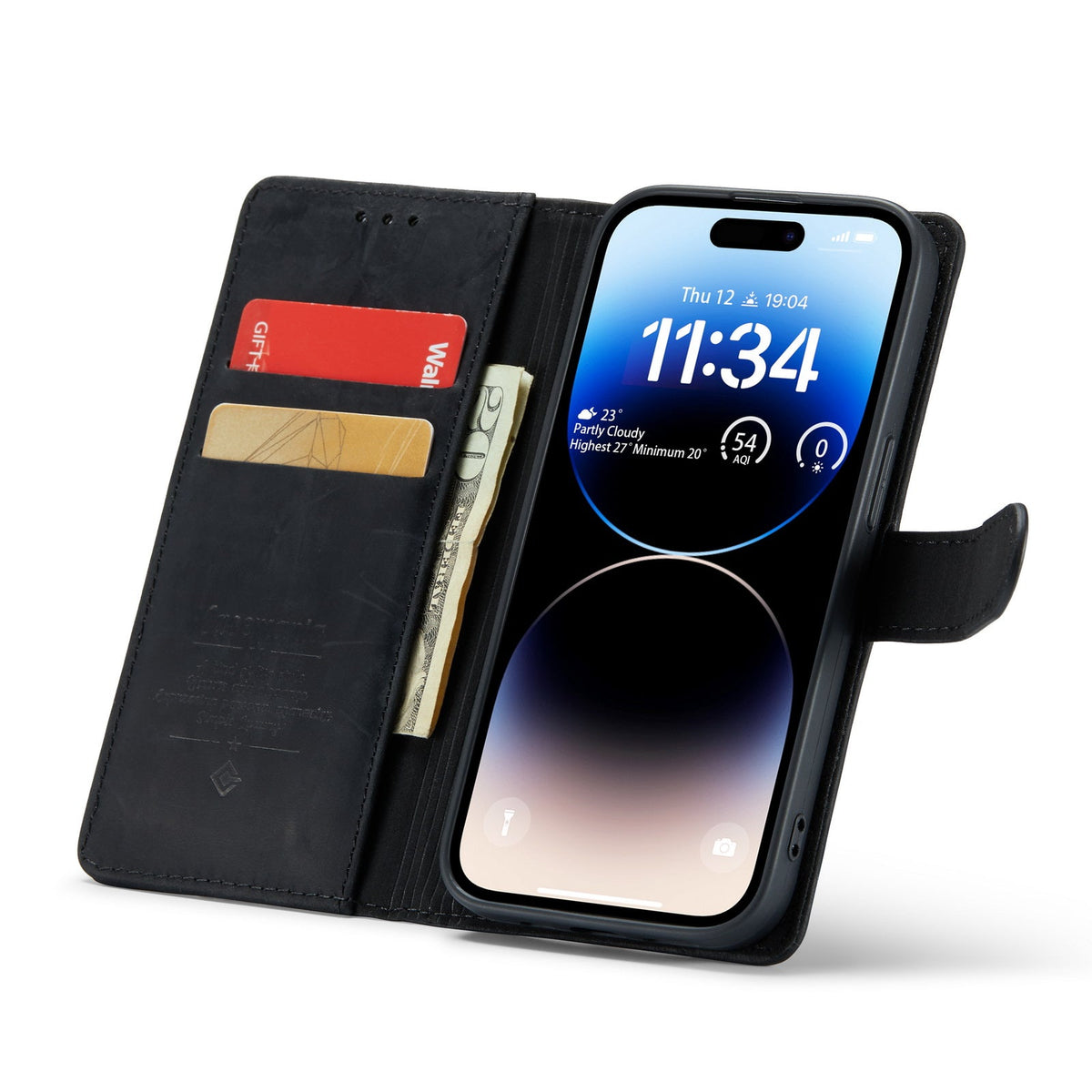iPhone 14 Pro Hoesje - Zwart - Echt Leren Bookcase