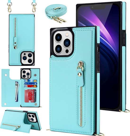 Apple iPhone 14 Pro Max Hoesje - Turquoise - Luxe Back Cover met Telefoonkoord en Rits