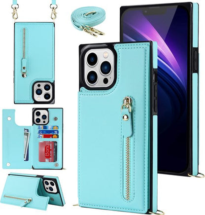 Apple iPhone 14 Pro Case - Turquoise - Luxury Back Cover with Phone Strap and Zipper