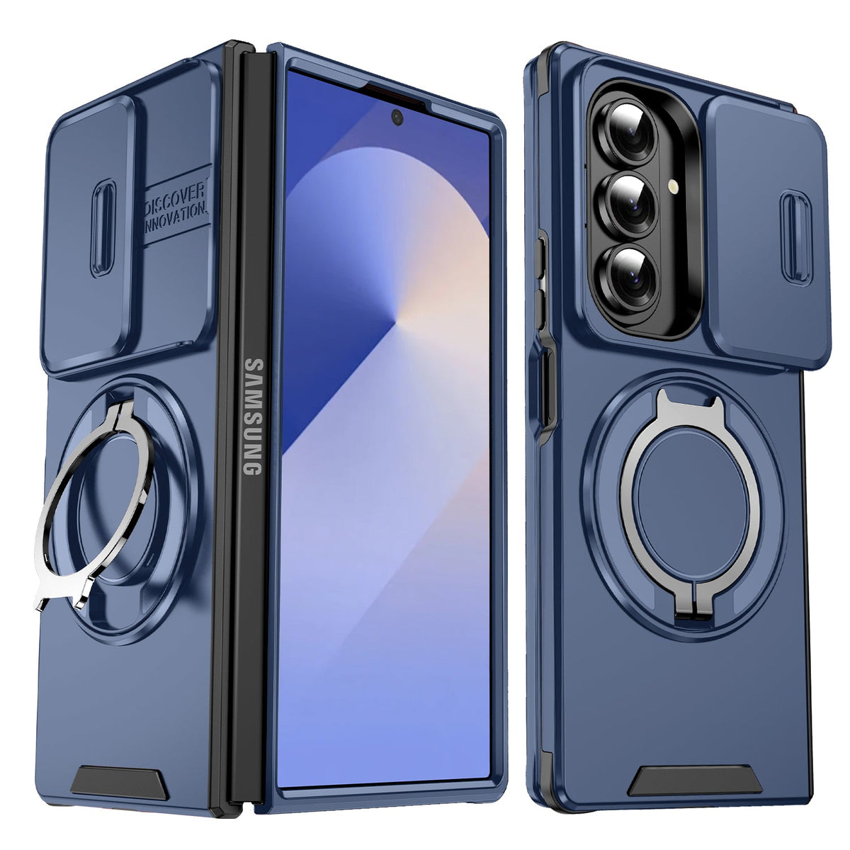 Samsung Galaxy Z Fold 7 Hoesje - Donker Blauw - Kickstand Ring Back Cover