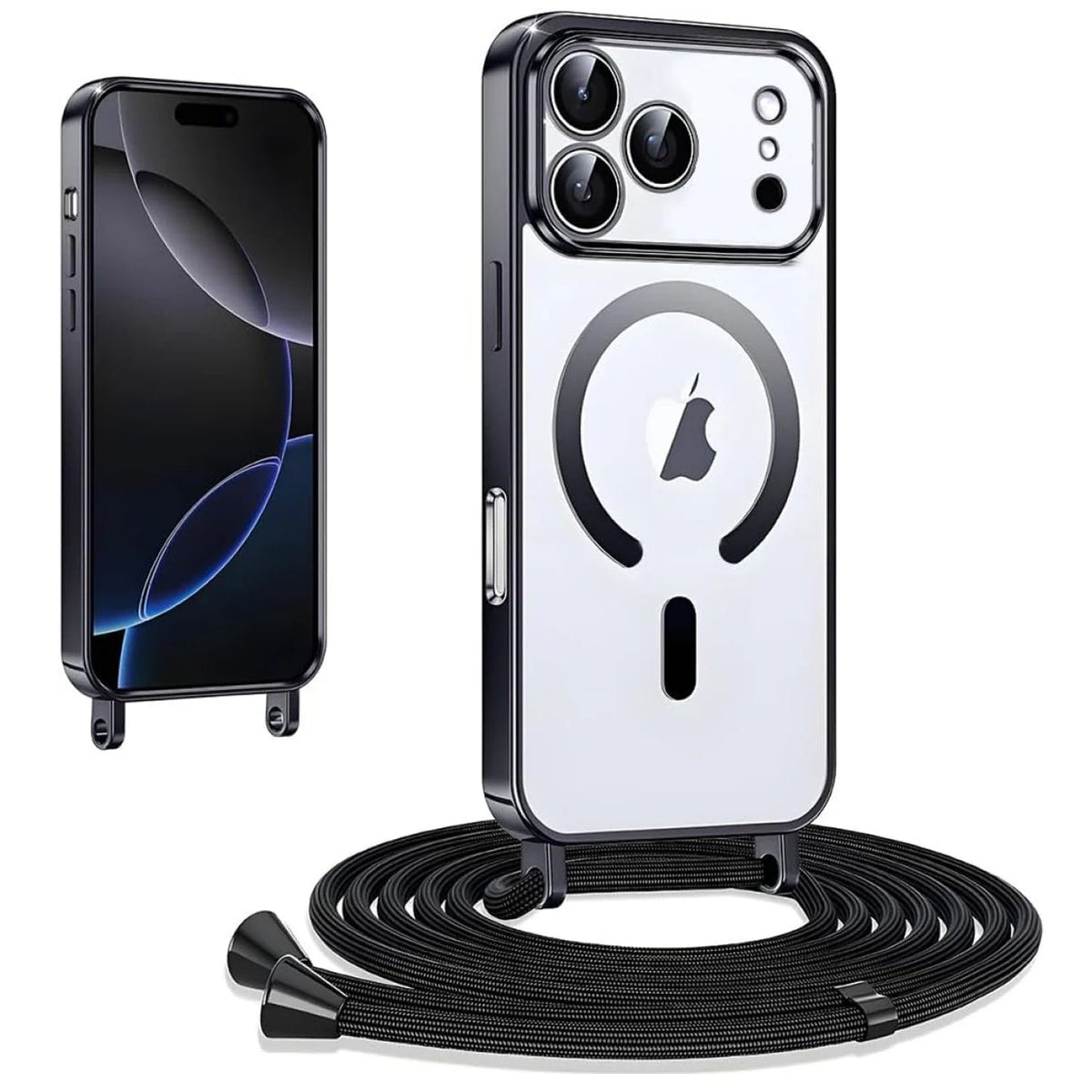 iPhone 17 Pro Max Hoesje - Zwart - Siliconen MagSafe Back Cover met Telefoonkoord