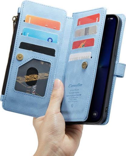 Apple iPhone 13 Pro Hülle - Sky Blue - Luxus-Klapphülle mit Kartenfach und Reißverschluss
