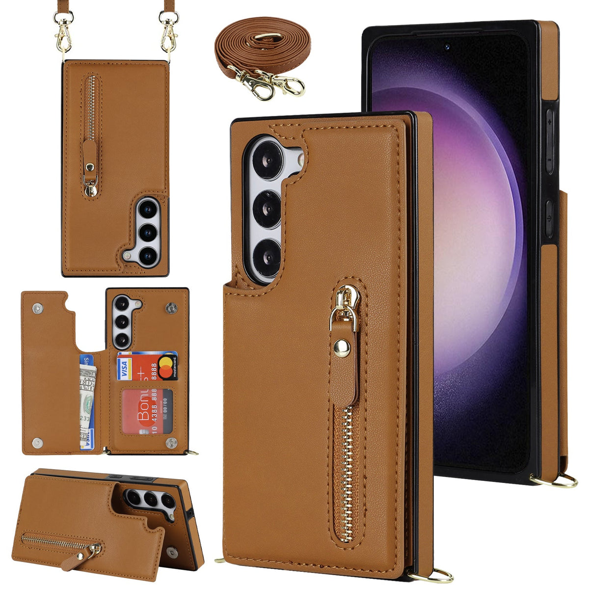 Samsung Galaxy S21 FE Hoesje - Bruin - Luxe Back Cover met Telefoonkoord en Rits