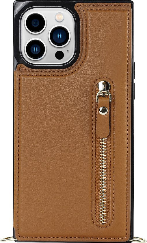 Apple iPhone 14 Pro Max Case - Brown - Luxury Back Cover with Phone Strap and Zipper